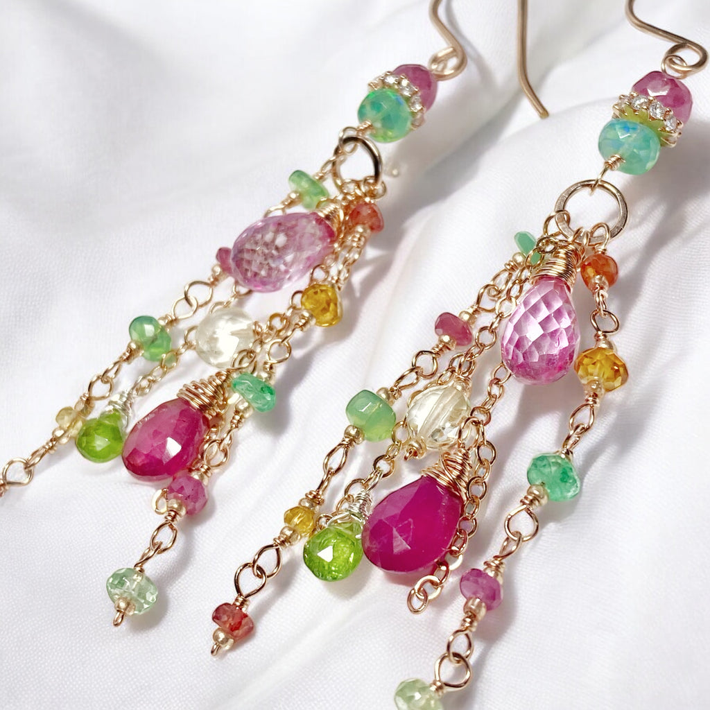 Pink Sapphire, Green Gemstone Rose Gold Long Dangle Earrings