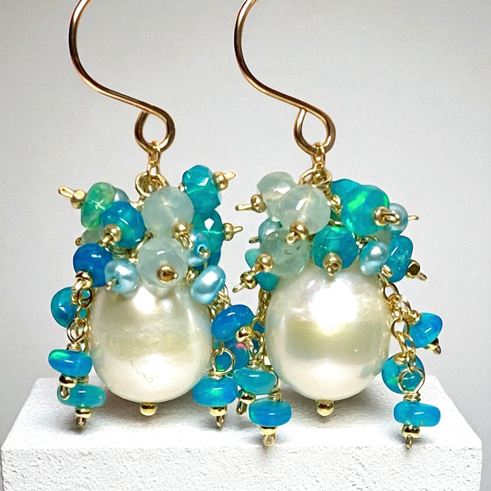 Aqua Gemstone Pearl Cluster Earrings with Opals