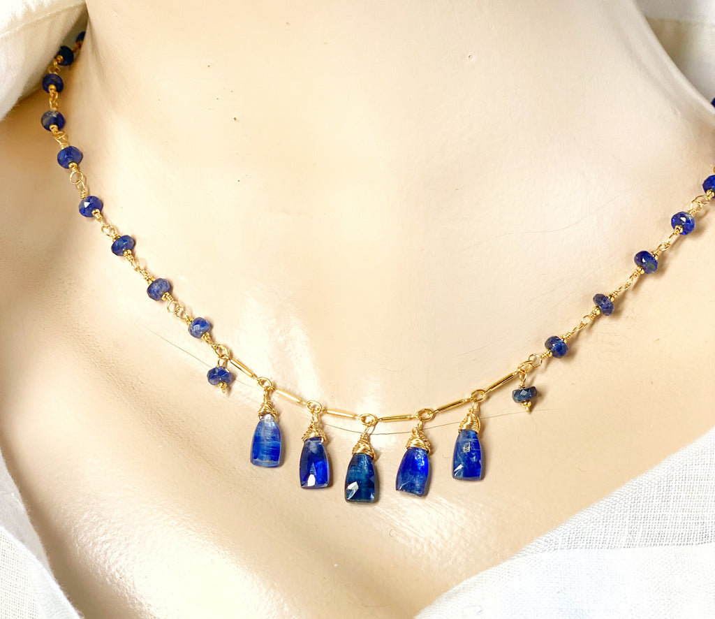 Blue Kyanite Gold Fill Dangle Necklace Rosary Style Wire Wrap