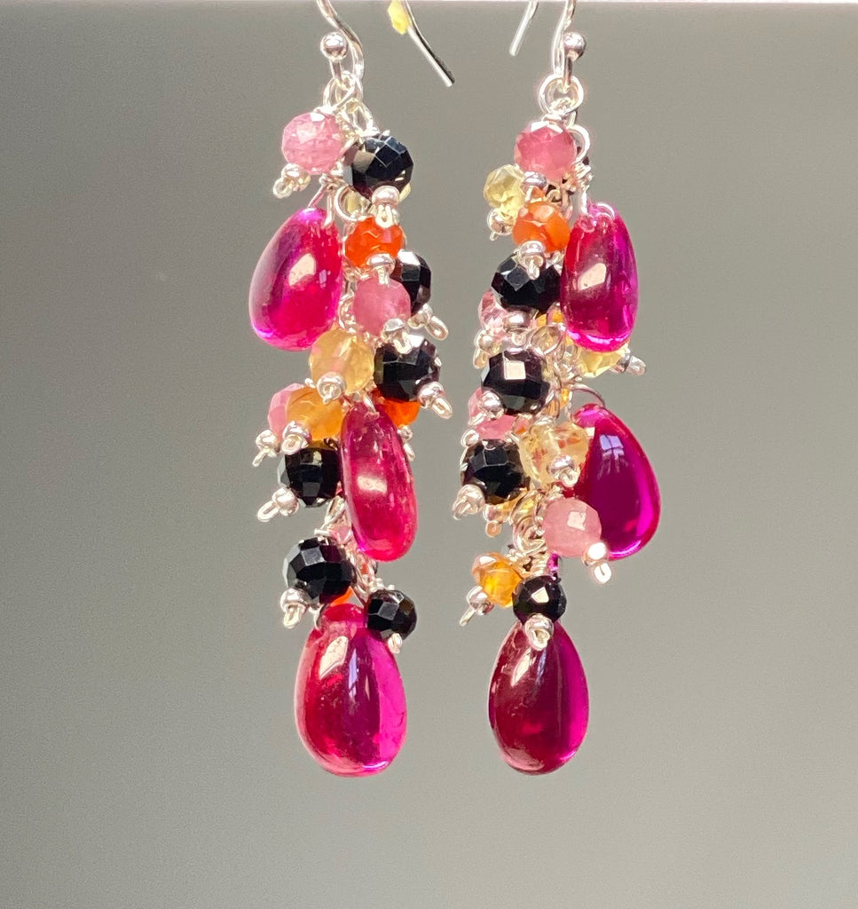 Rubellite Multi Gemstone Long Dangle Earrings Sterling Silver