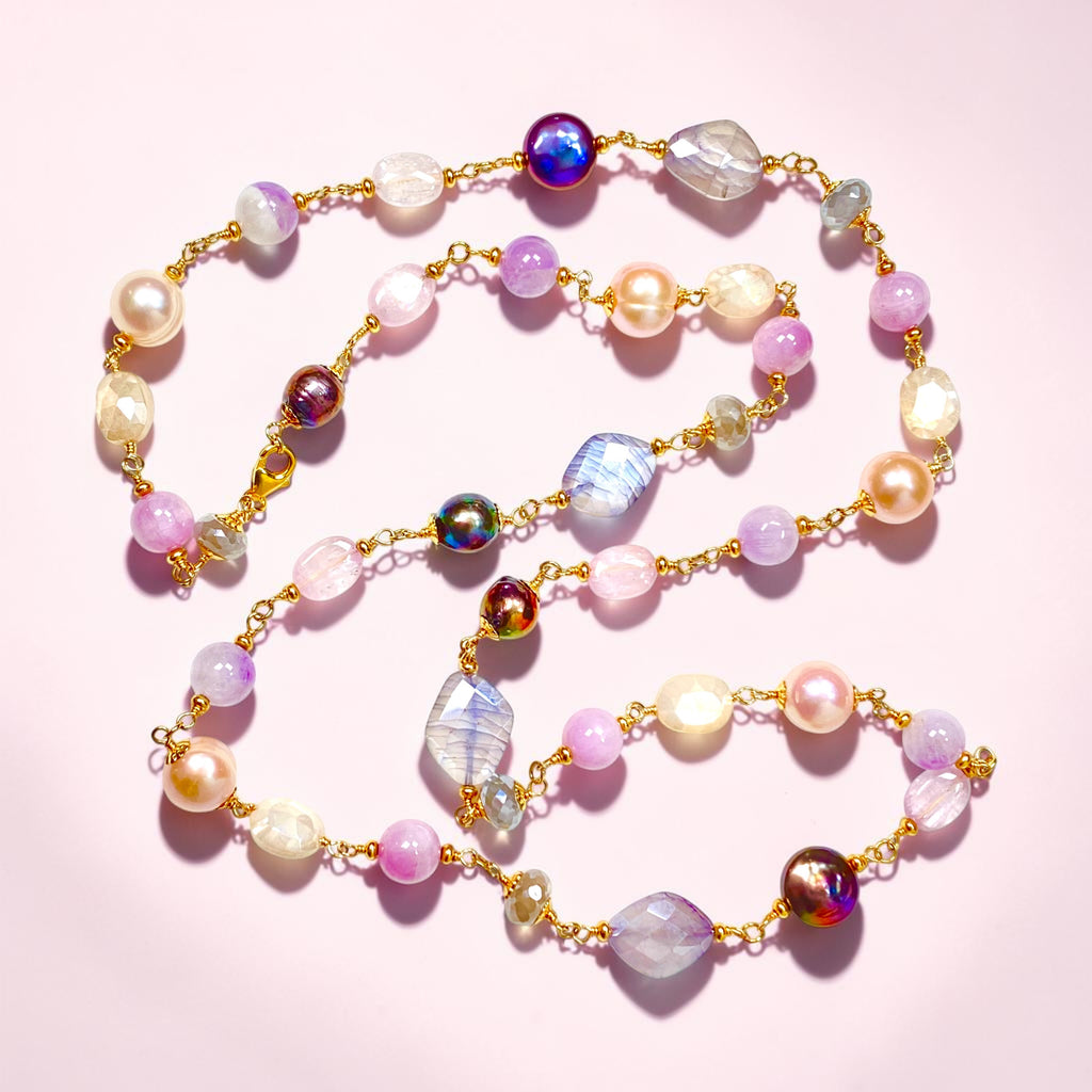 Long Multicolor Gem Stone Necklace Gold, Kunzite, Blue Sapphire, Moonstone, Pearl