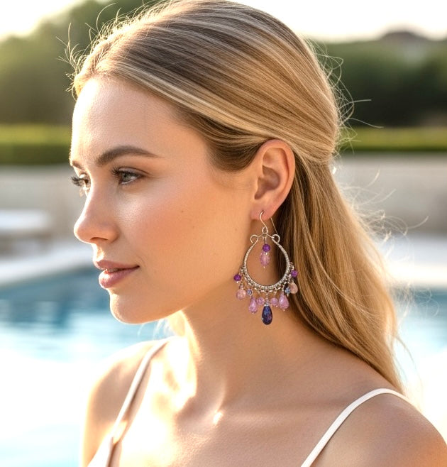 Blue Violet Oxidized Silver Hoop Chandelier Earrings Iolite, Lavender, Purple Amethyst