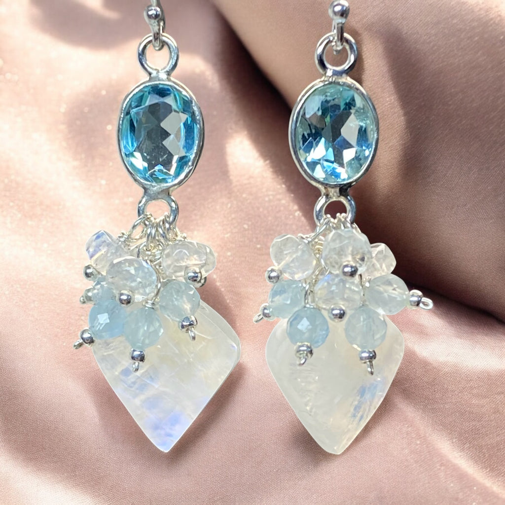 Rainbow Moonstone, Blue Topaz Cluster Dangle Earrings Sterling Silver