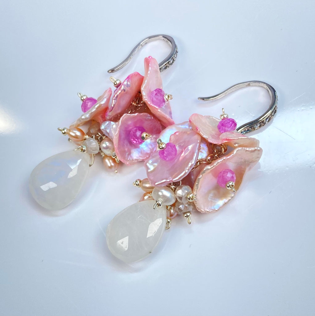 Moonstone, Pink Keishi Pearl, Pink Sapphire Cluster Earrings