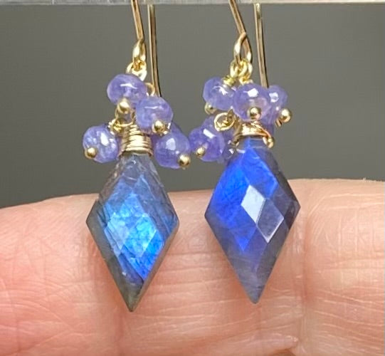 Blue Labradorite Fancy Cut Gem Earrings with Tanzanite Clusters: Gold Fill or Sterling Silver