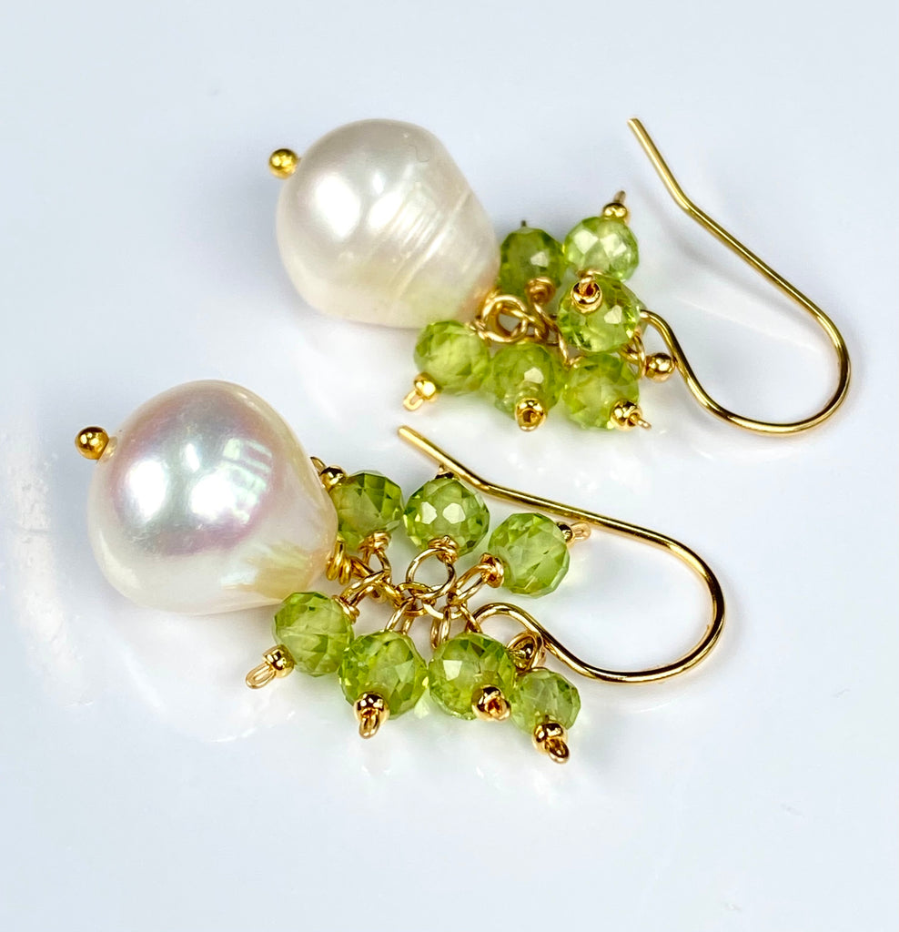 Peridot and Pearl Cluster Earrings, Silver or Gold Fill, 14k Gold Fill - Doolittle