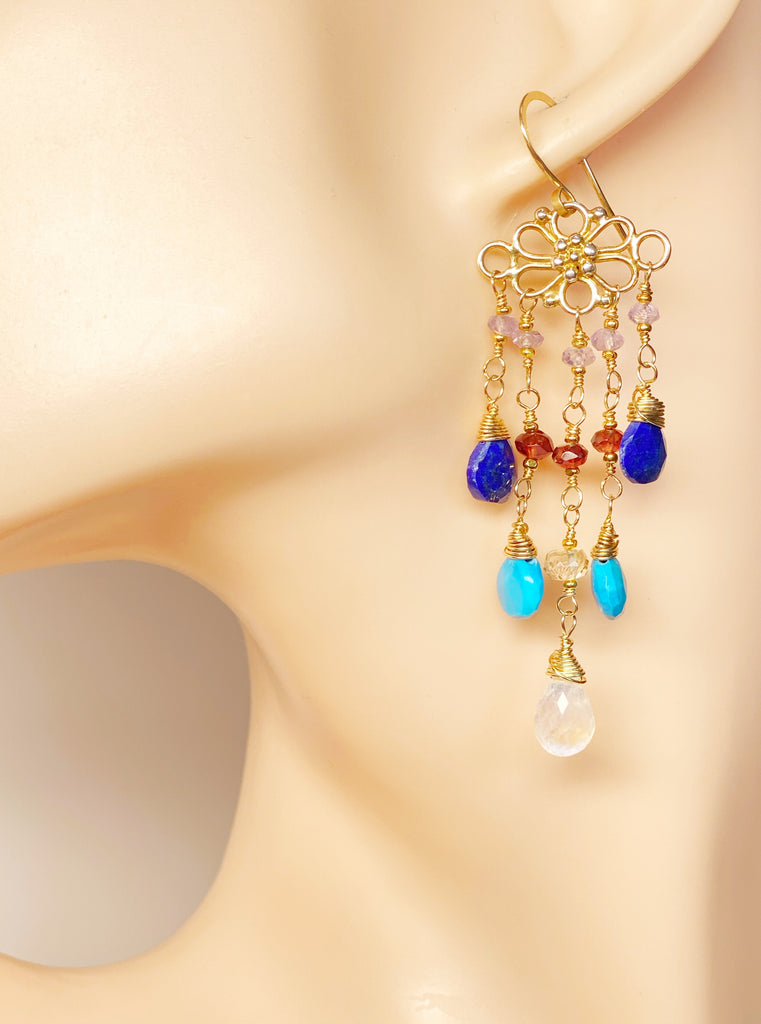 Turquoise, Blue Lapis, Moonstone and Garnet Chandelier Earring - Doolittle