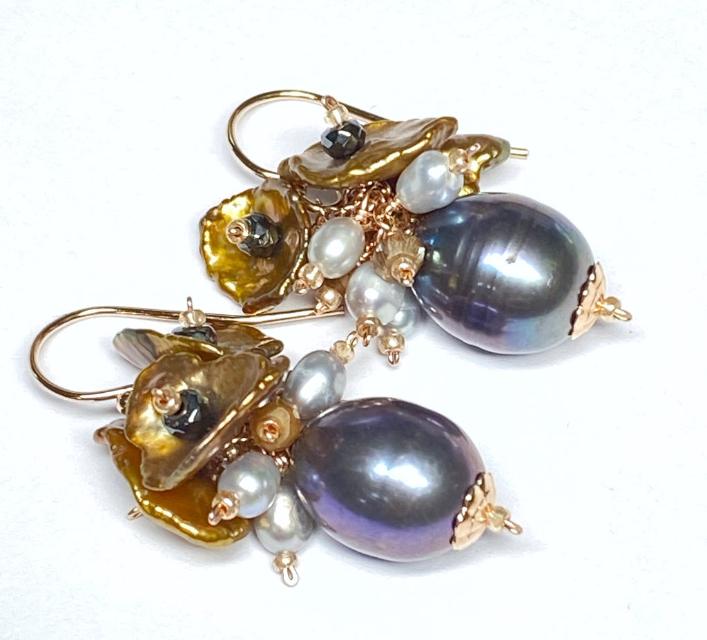 Peacock Pearl, Keishi Pearl Cluster Dangle Earrings Rose Gold Fill