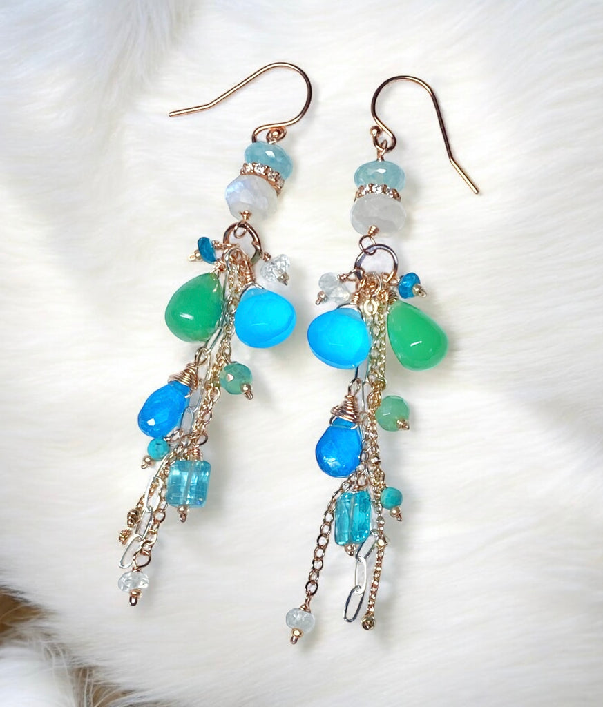 Rose Gold Long Boho Dangle Earrings Mixed Metal with Chrysoprase, Blue Chalcedony and Moonstone