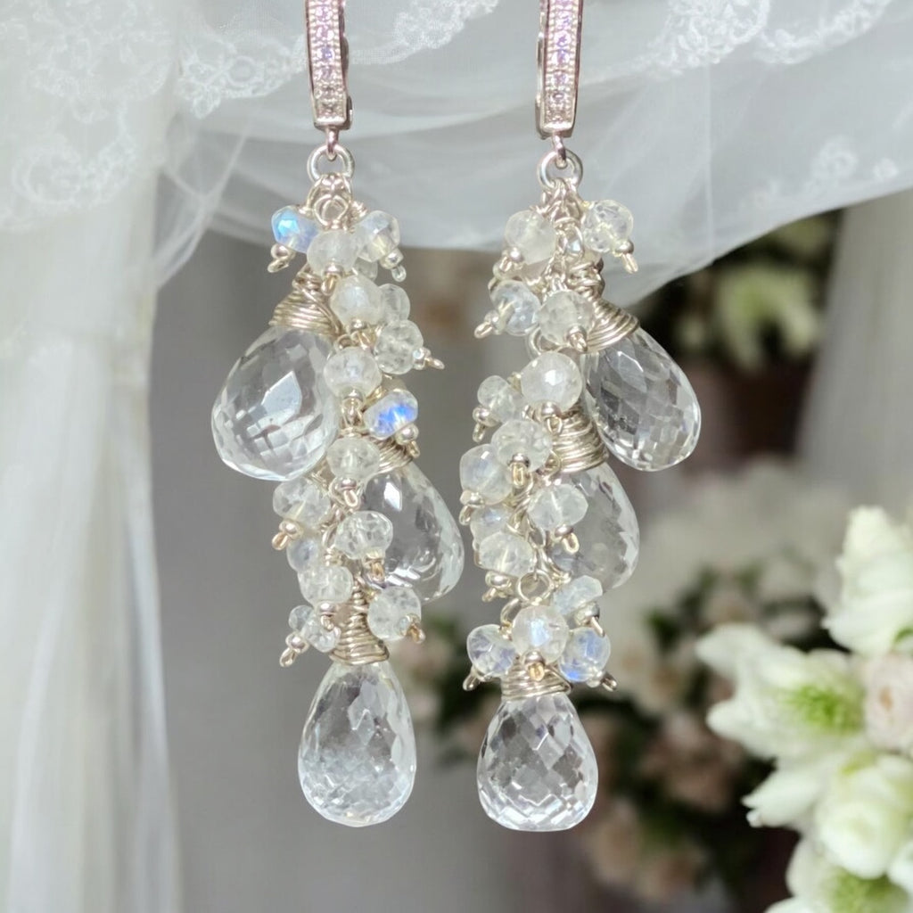 Crystal Quartz Sterling Silver Dangle Bridal Wedding Earrings