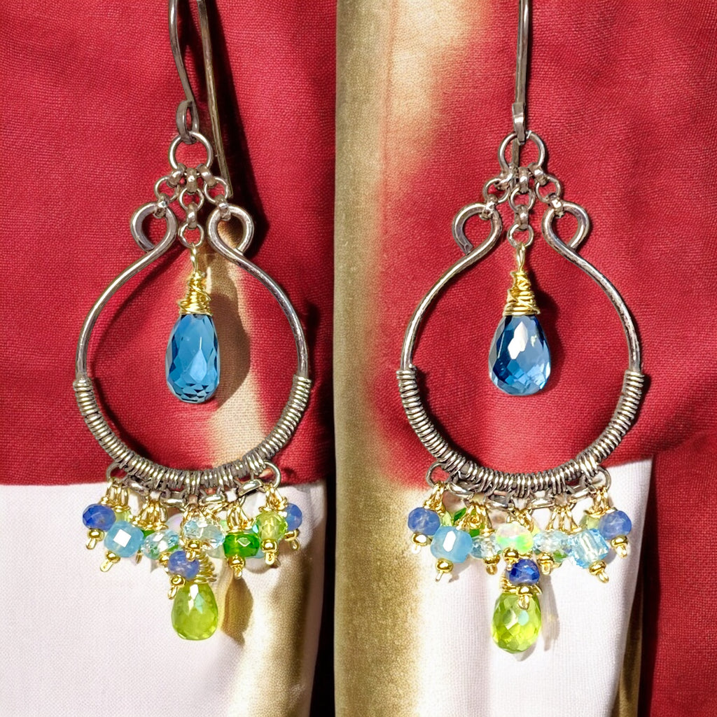 London Blue Topaz, Peridot, Oxidized Silver Hoop Chandelier Earrings Mixed Metal