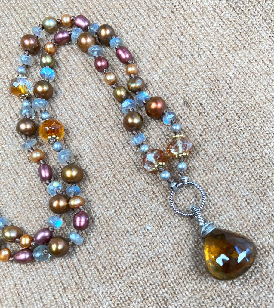 Cognac Quartz Silk Knot Pendant Necklace with Citrine, Labradorite, Pearl, Sterling Silver