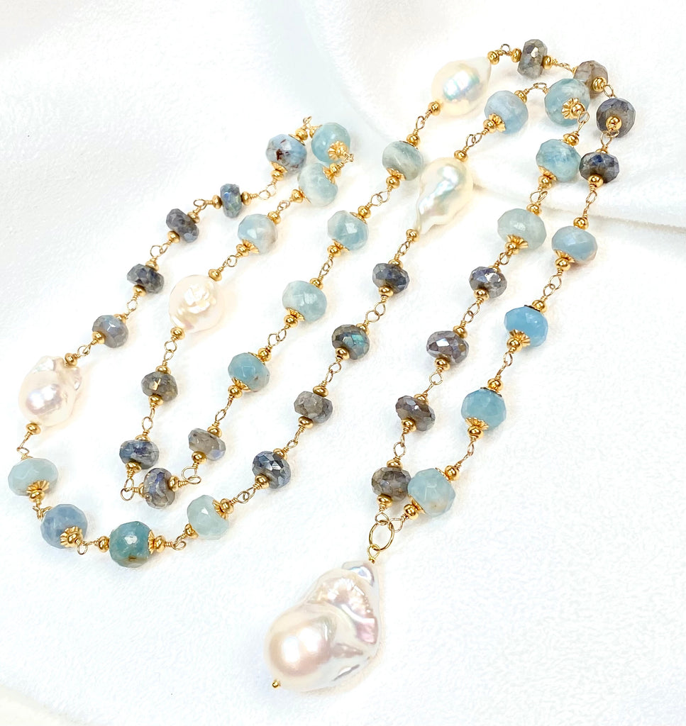 Aquamarine, Labradorite, Pearl Long Wire Wrapped Necklace