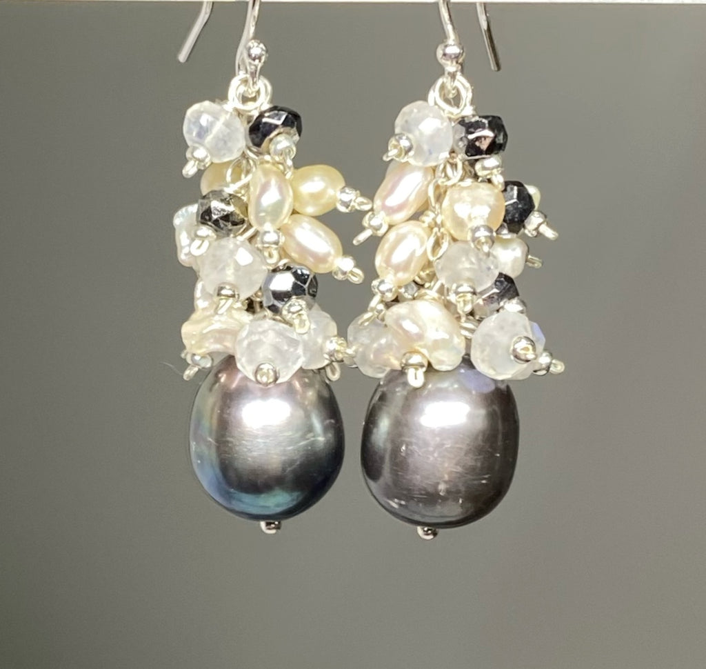 Black Grey Pearl Earrings with Moonstone Keishi Pearl and Black Sparkly Clusters