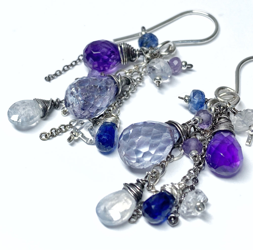 Blue Violet Boho Dangle Earrings Amethyst, Blue Denim Quartz, Oxidized Sterling Silver