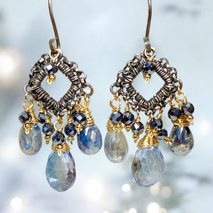 Mystic Blue Quartz Mixed Metal Chandelier Earrings