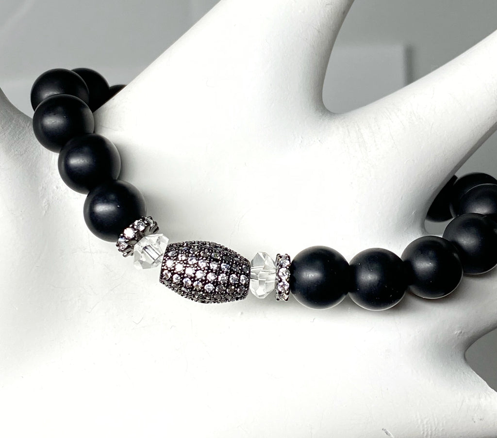 Black Onyx Stretch Bracelet with Black Pave CZ and Crystal Quartz