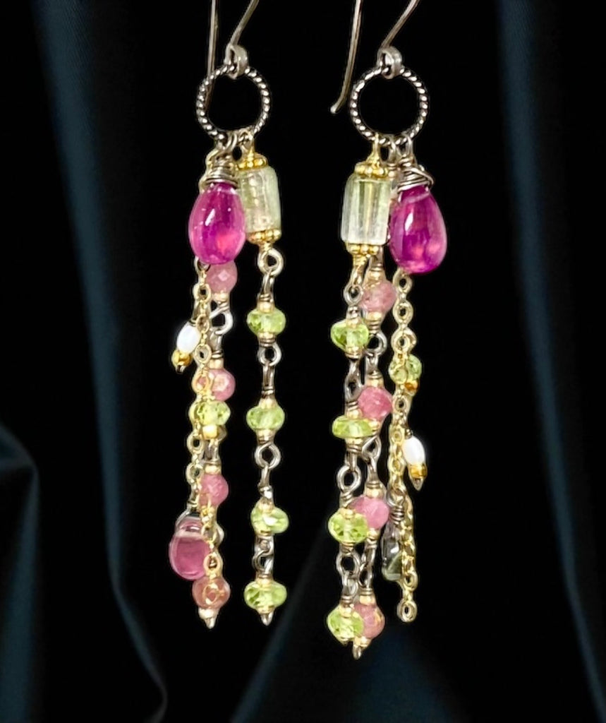 Pink Sapphire, Peridot and Tourmaline Gemstone Long Dangle Earrings