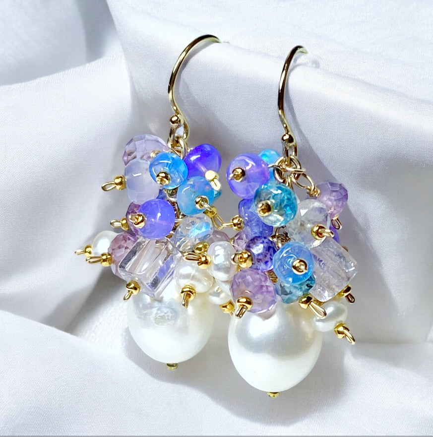 Gemstone Cluster Pearl Earrings Amethyst Iolite Gold Post