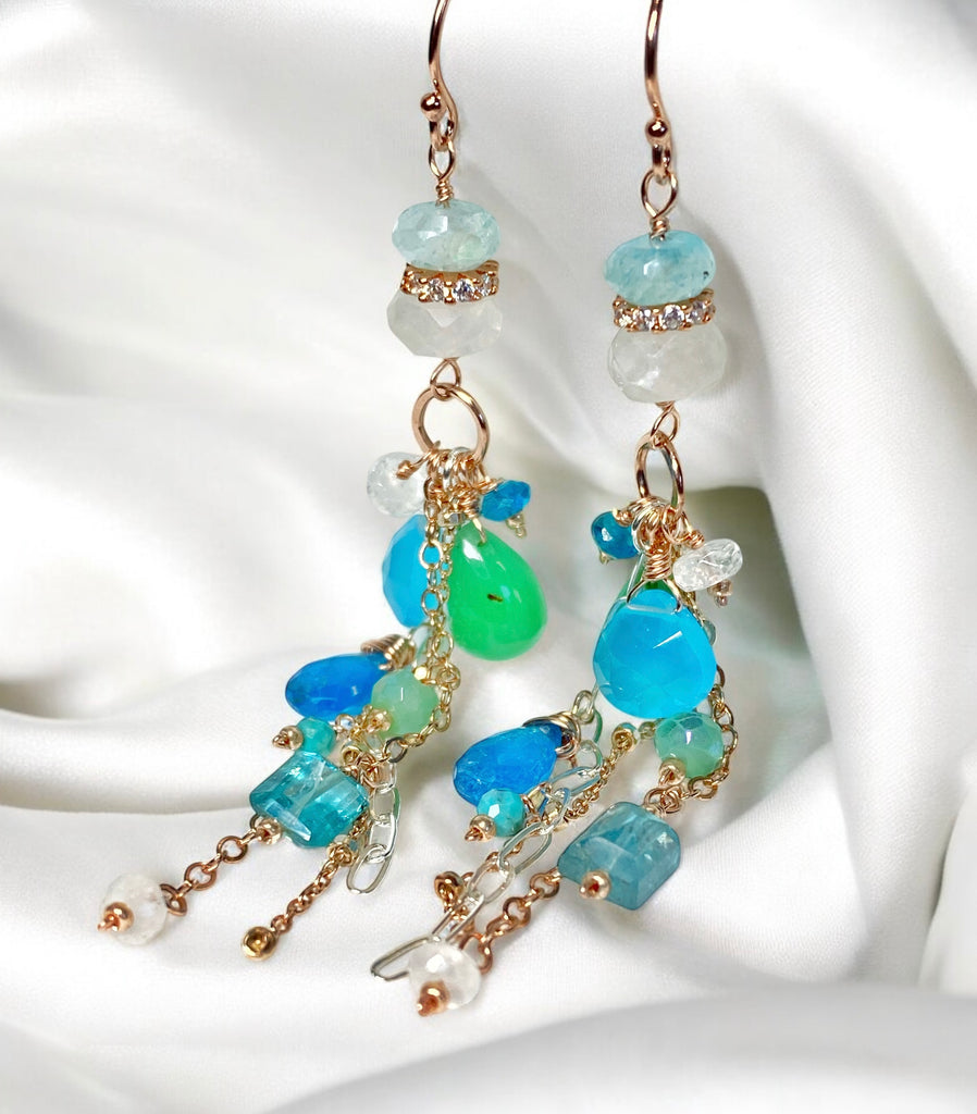 Rose Gold Long Boho Dangle Earrings Mixed Metal with Chrysoprase, Blue Chalcedony and Moonstone