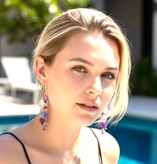 Rose Gold Boho Dangle Earrings with Kyanite, Amethyst & Moonstone | Handmade Gemstone Jewelry