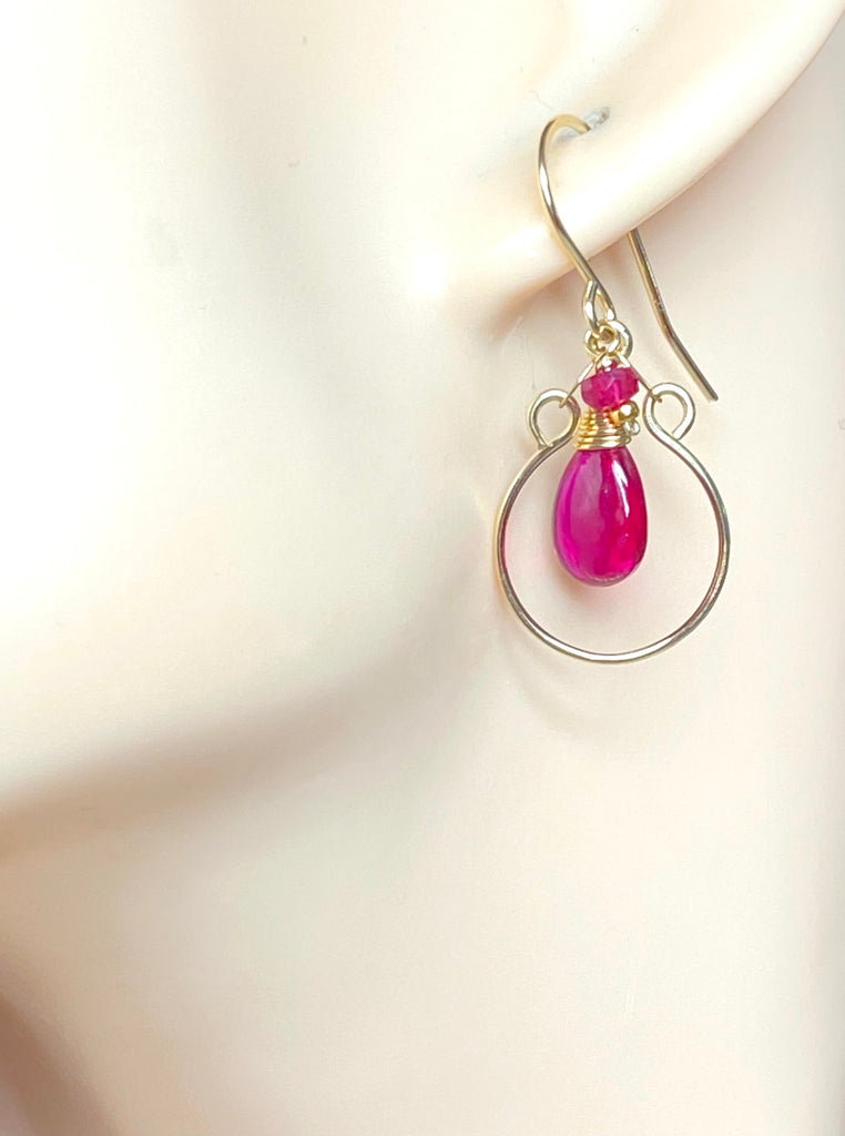 Rubellite Quartz and Ruby Gemstone Hoop Earrings Gold Fill - Doolittle