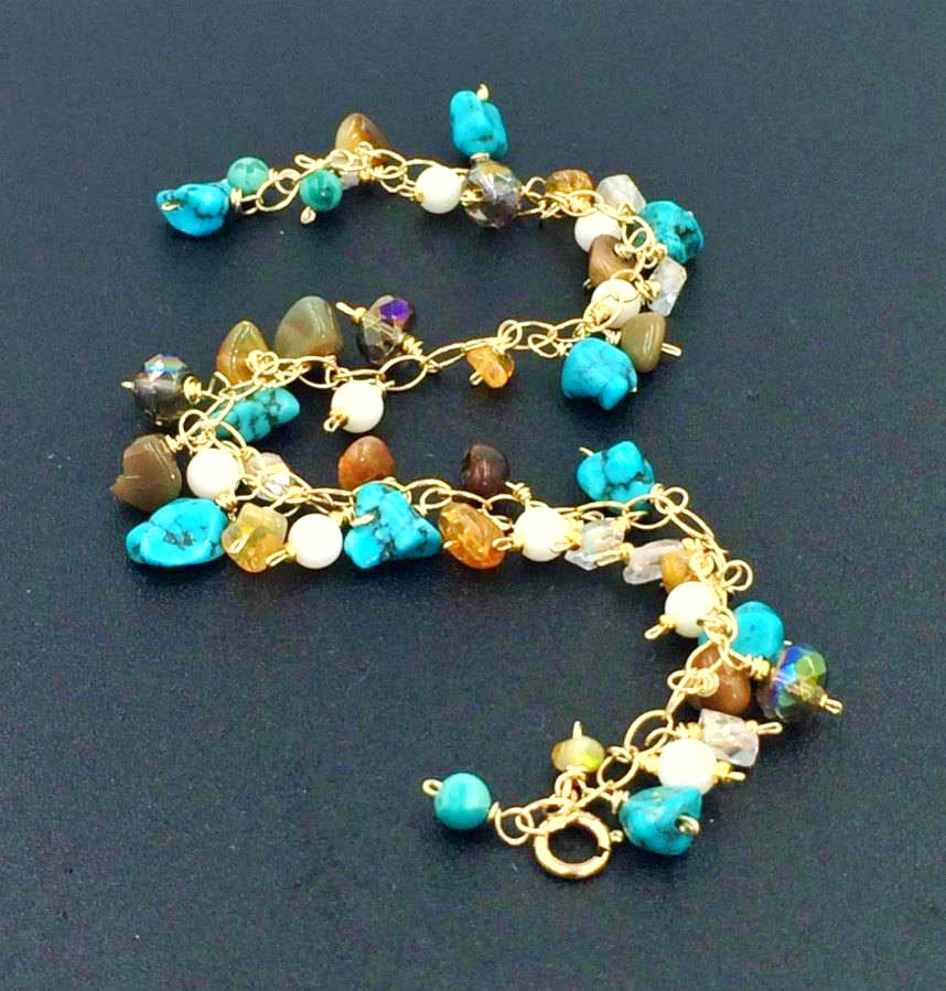 Dainty, Colorful Gemstone and Turquoise Handmade Gold Bracelet