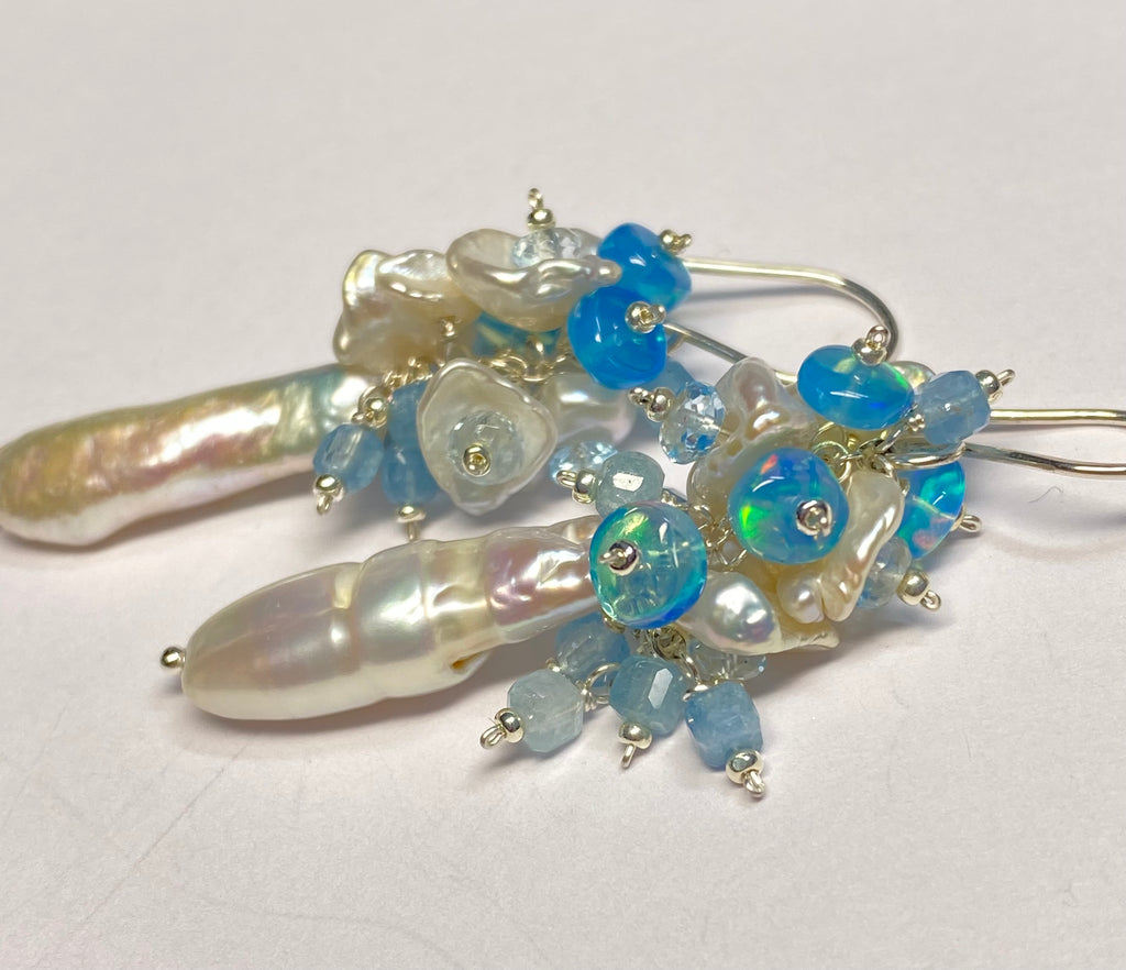 Blue Ethiopian Opal, Keishi Pearl and Gem Dangle Earrings Sterling Silver