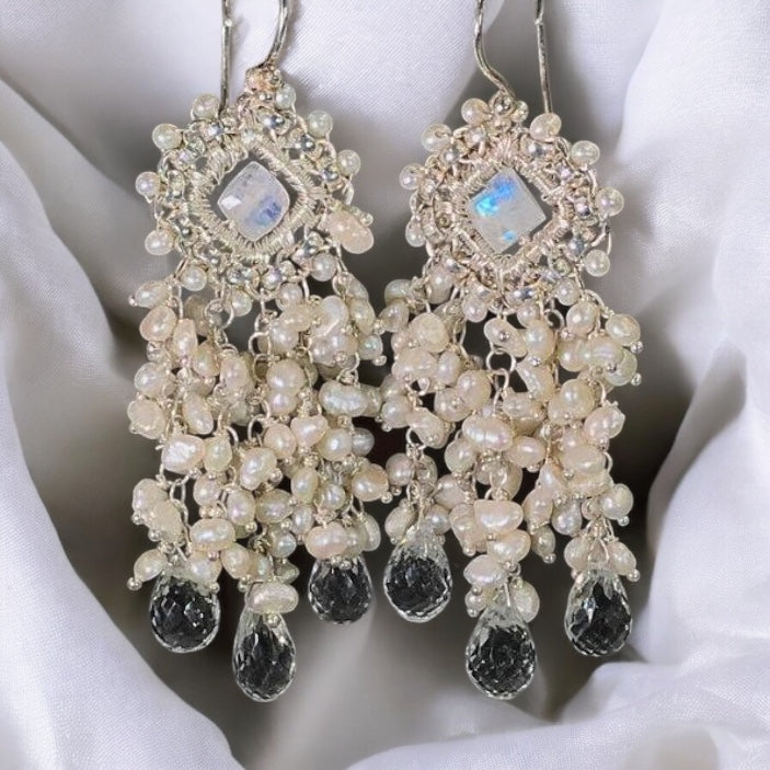 Moonstone and Pearl Chandelier Statement Bridal Wedding Earrings