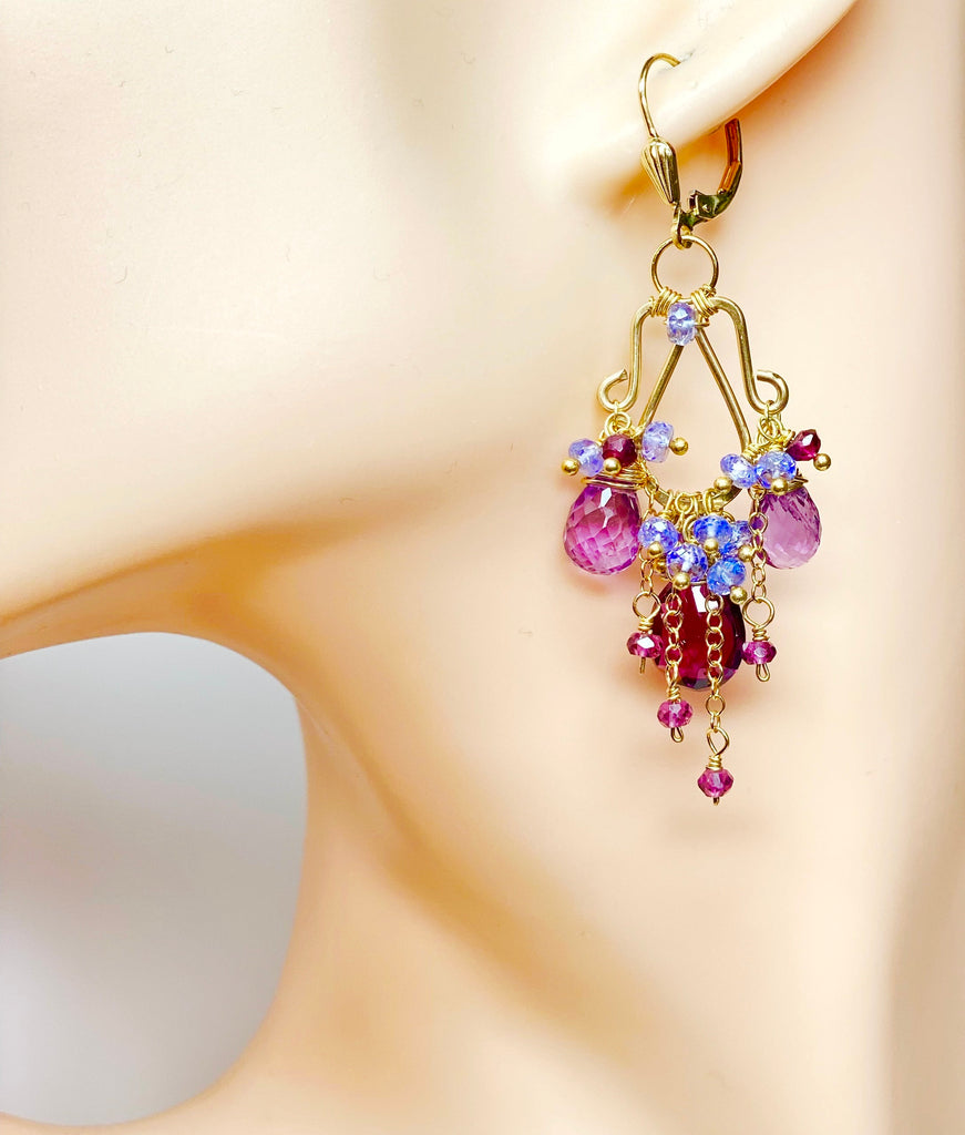  (Mannequin head): Amethyst tanzanite rhodolite garnet chandelier earrings on mannequin showing size and length - gold fill
