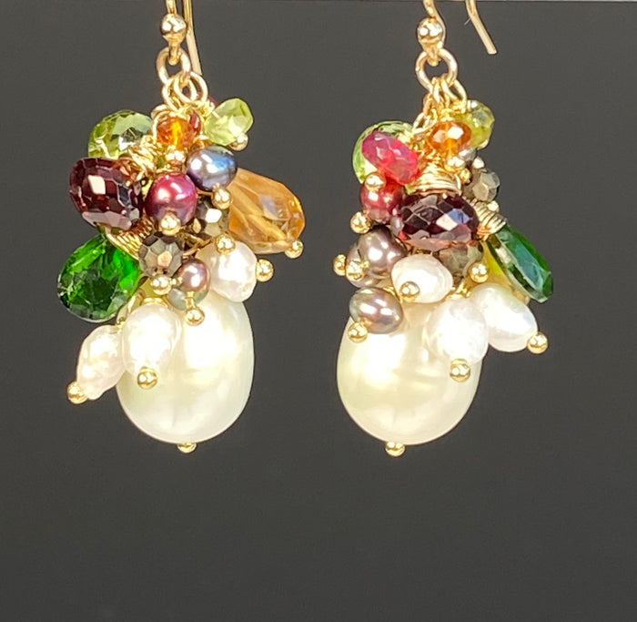 Multi-color Gemstone and Pearl Cluster Gold Earrings - Doolittle