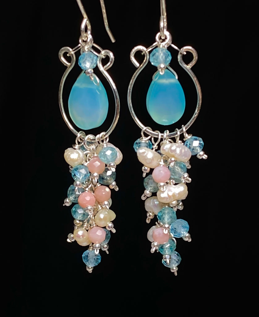 Aqua Chalcedony Gemstone Chandelier Hoop Tassel Earrings Sterling Silver — Apatite, Keishi Pearl, Pink Opals