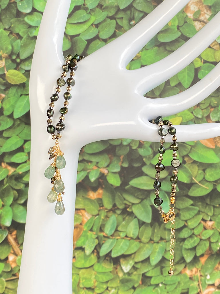 Green Moonstone and Pearl Silk Knot Pendant Necklace