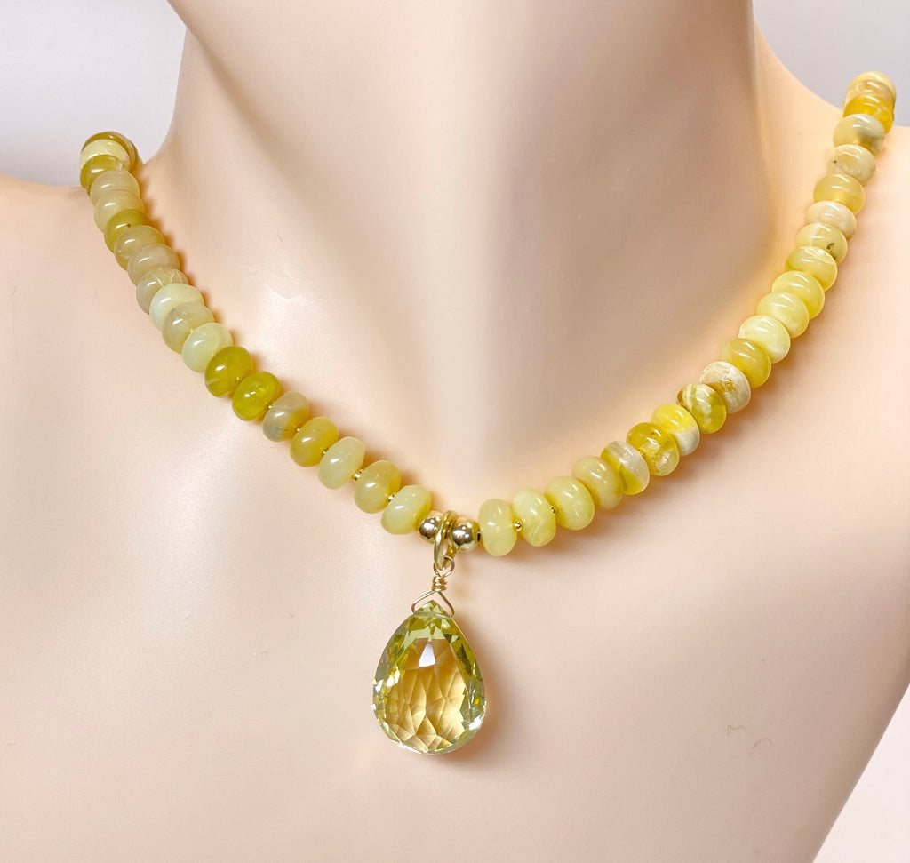 Lemon Quartz Gemstone Pendant on Yellow Opal Knotted Necklace, Gold Fill