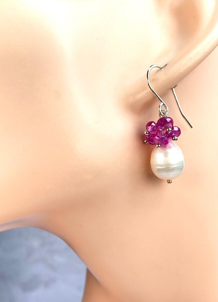 Pearl Cluster Earrings with Fuchsia Pink Sapphires, Sterling Silver
