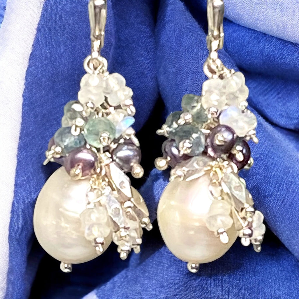 Moss Aquamarine and Pearl Cluster Earrings, Sterling Silver