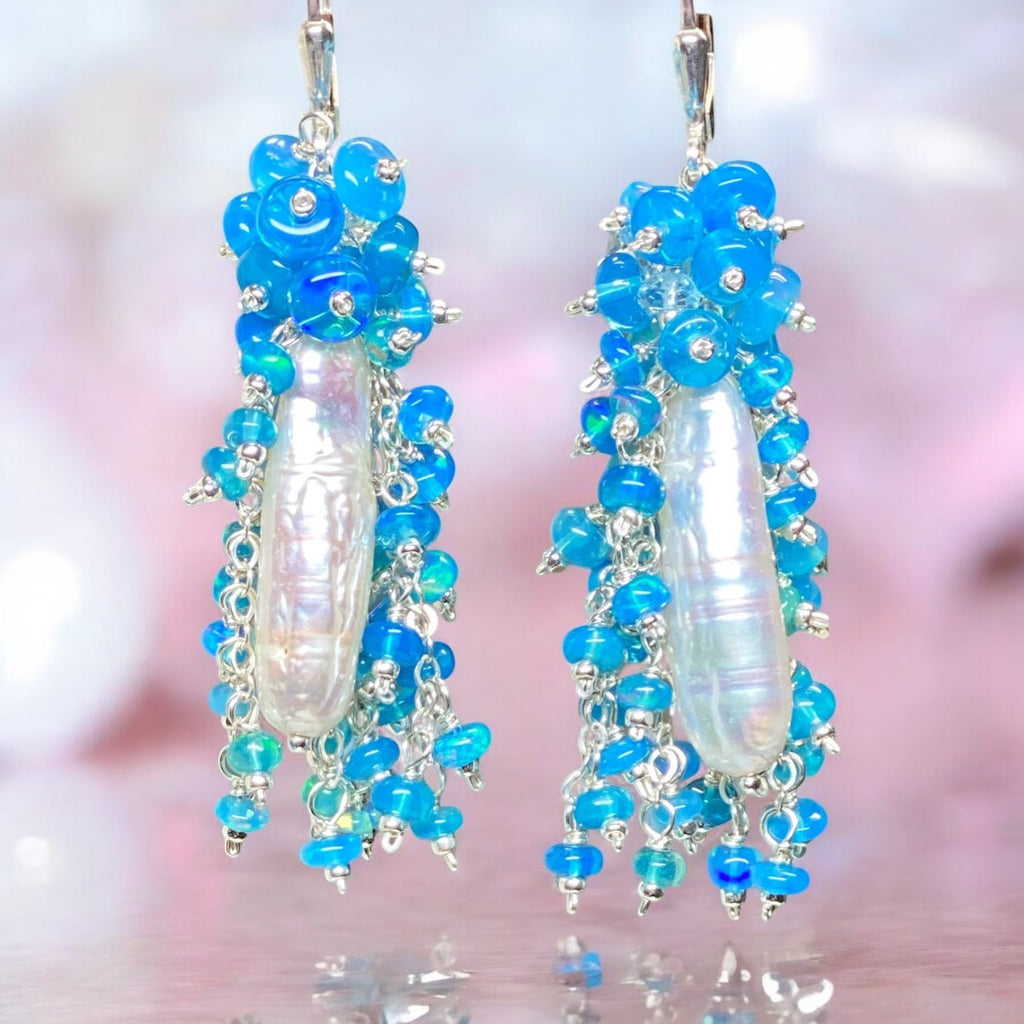 Blue Opal and Biwa Pearl Cluster Tassel Earrings Sterling Silver