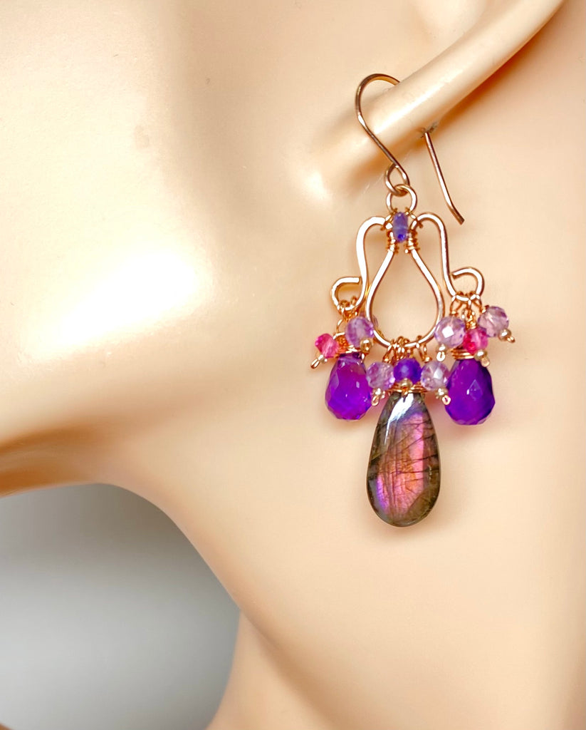 Purple labradorite amethyst rose gold chandelier earrings on mannequin head