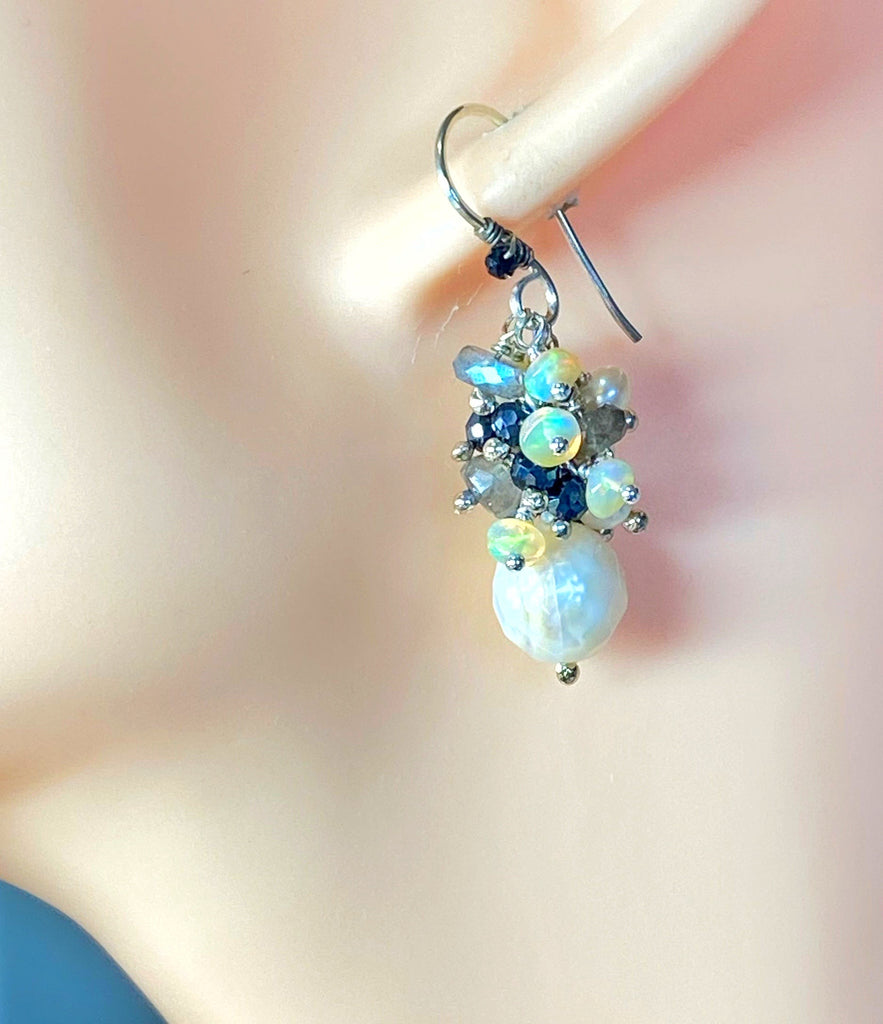 Petite Laser Pearl Cluster Earrings, Black, White, Labradorite, Opals