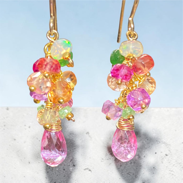 Padparadscha Sapphire Dangle Earrings, Pink Mystic Topaz, Gold Fill