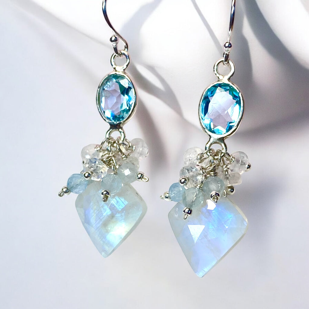 Rainbow Moonstone, Blue Topaz Cluster Dangle Earrings Sterling Silver