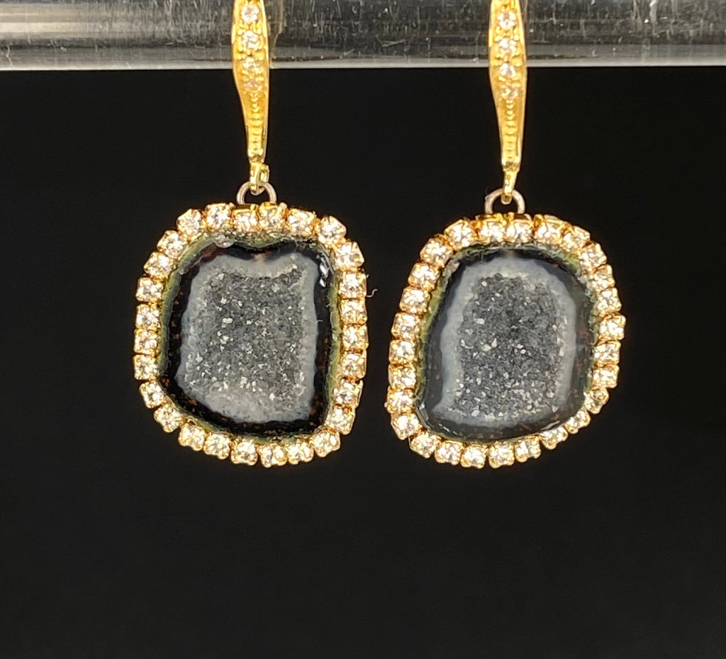 Black Tabasco Geode Druzy Earrings with Austrian Crystal Halo — Diamond Style Dangle Earrings - Doolittle