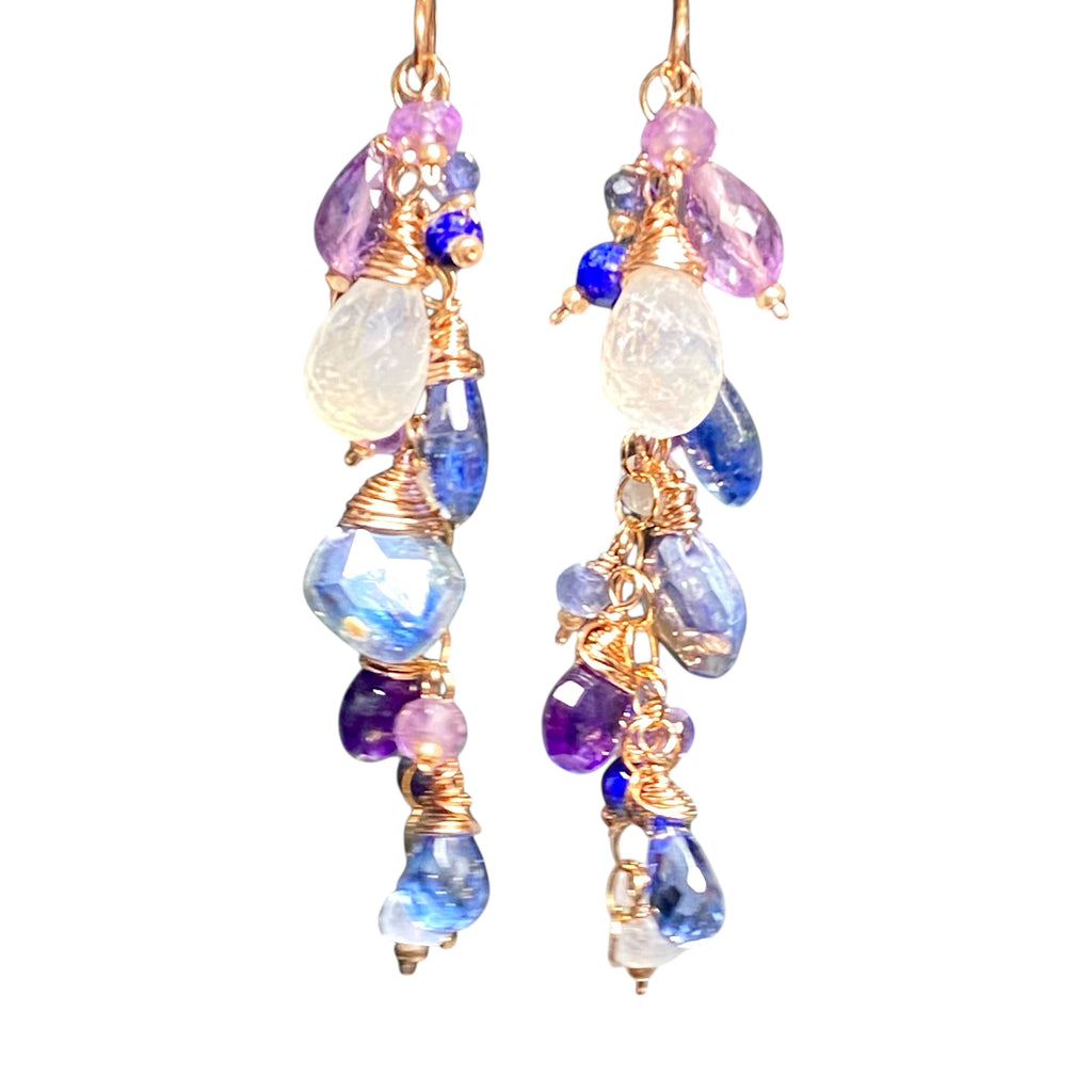 Rose Gold Boho Dangle Earrings with Kyanite, Amethyst & Moonstone | Handmade Gemstone Jewelry