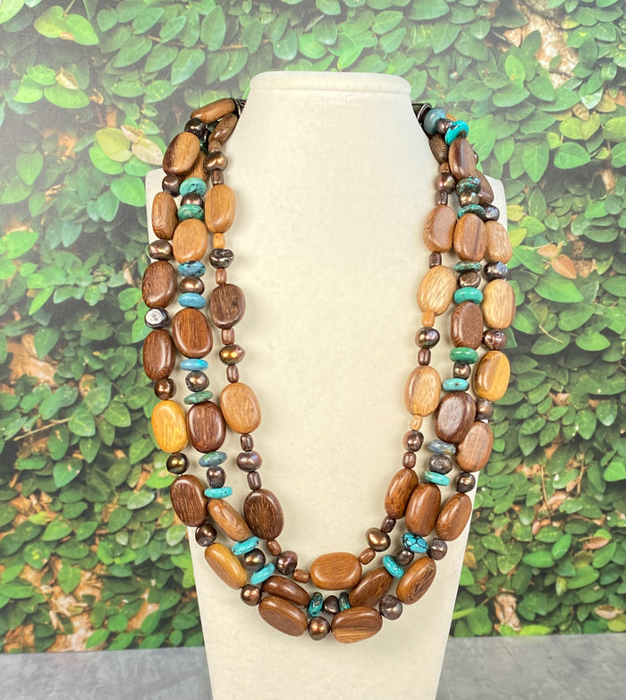 Triple Strand Chunky Beaded Necklace:  Turquoise, Pearl, Wood, Sterling Silver