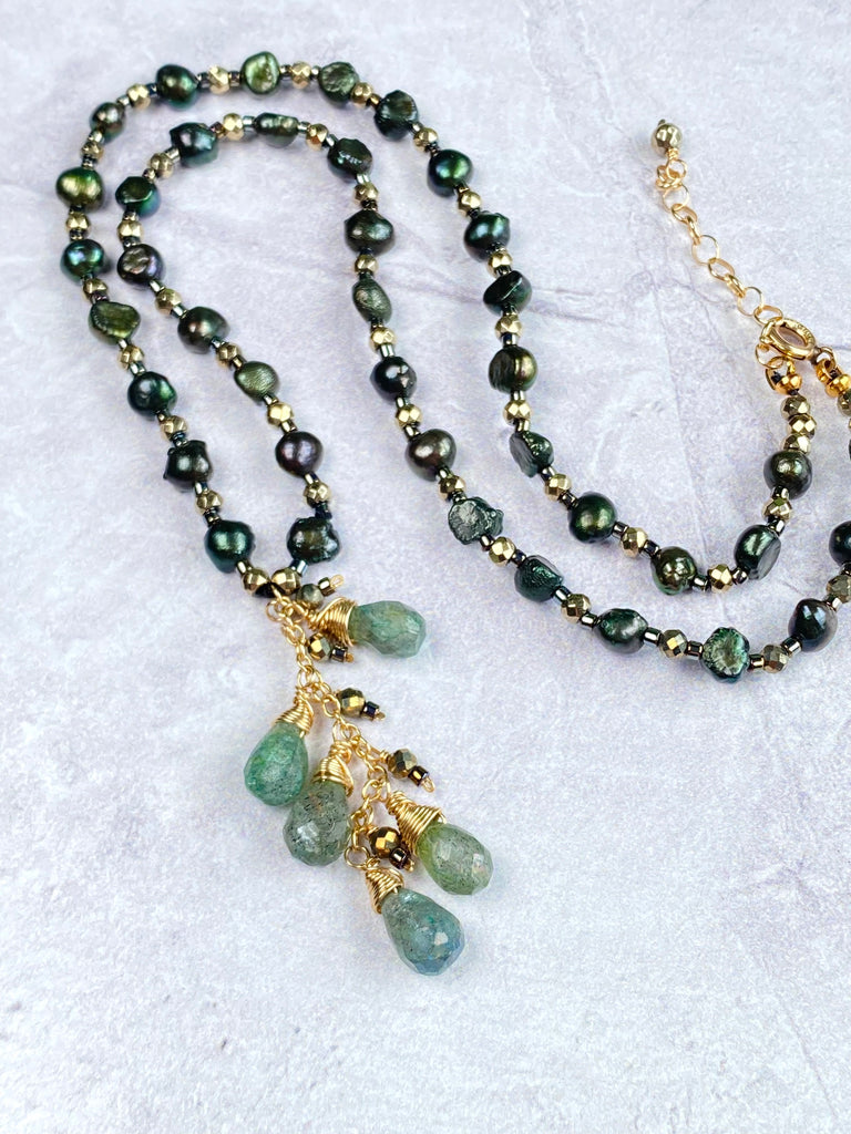 Green Moonstone and Pearl Silk Knot Pendant Necklace