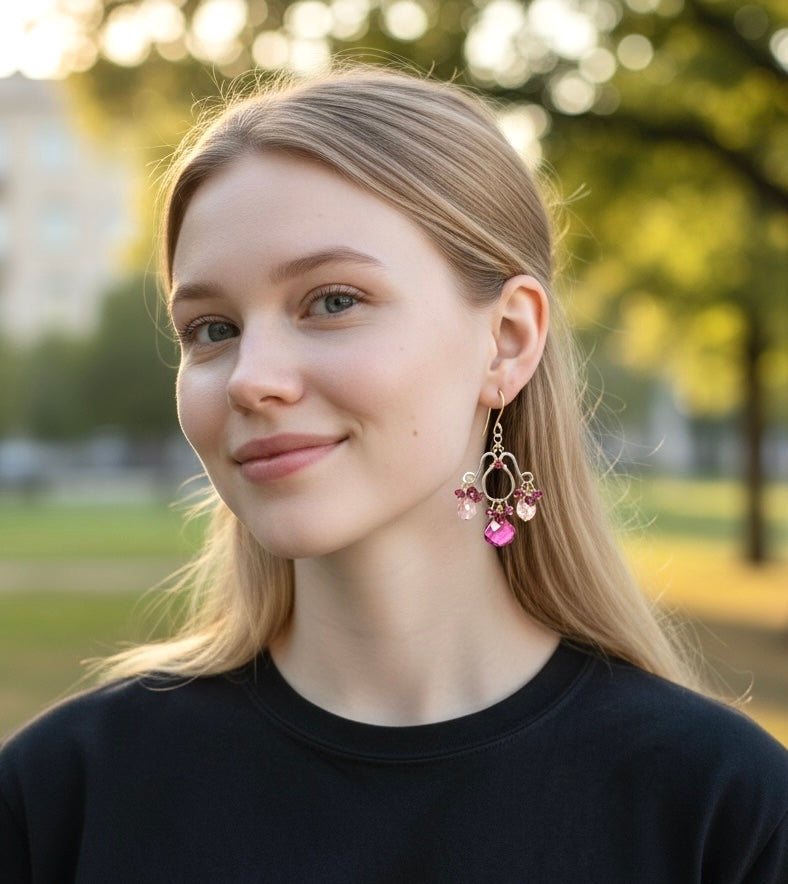 Mixed Metal Chandelier Earrings in Garnet, Pink Amethyst, Violet Quartz