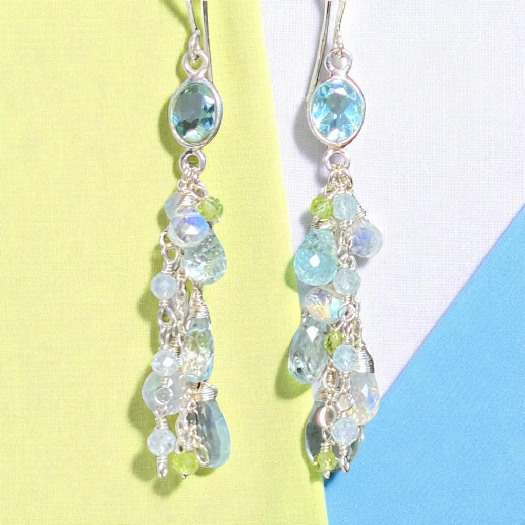 Blue Topaz, Peridot Long Gem Dangle Earrings Sterling Silver