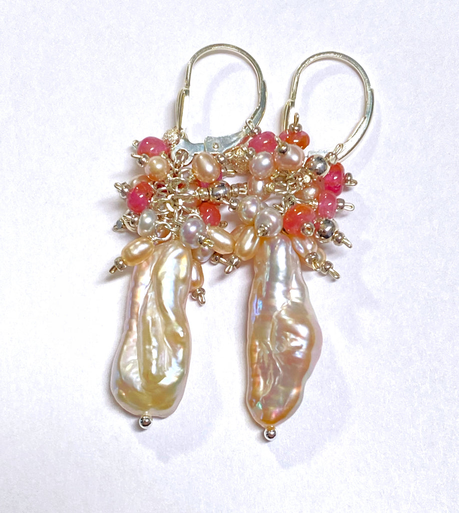 Blush Pink Biwa Pearl Pink Sapphire Cluster Earrings Sterling Silver