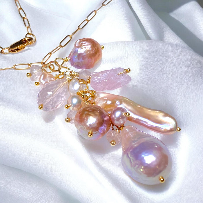 Blush pink baroque Edison pearl pendant necklace with morganite and rose quartz on 14kt gold filled chain displayed on white draped fabric