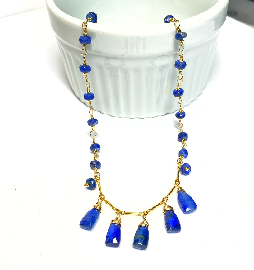 Blue Kyanite Gold Fill Dangle Necklace Rosary Style Wire Wrap